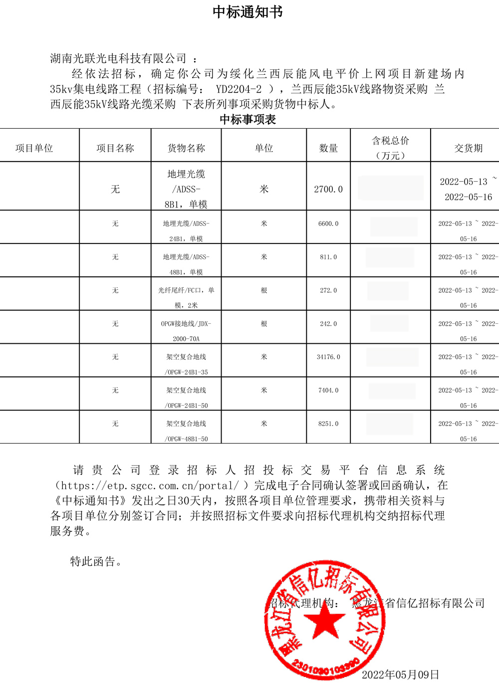 蘭西辰能風電項目新建場內35KV集電線路工程中標通知