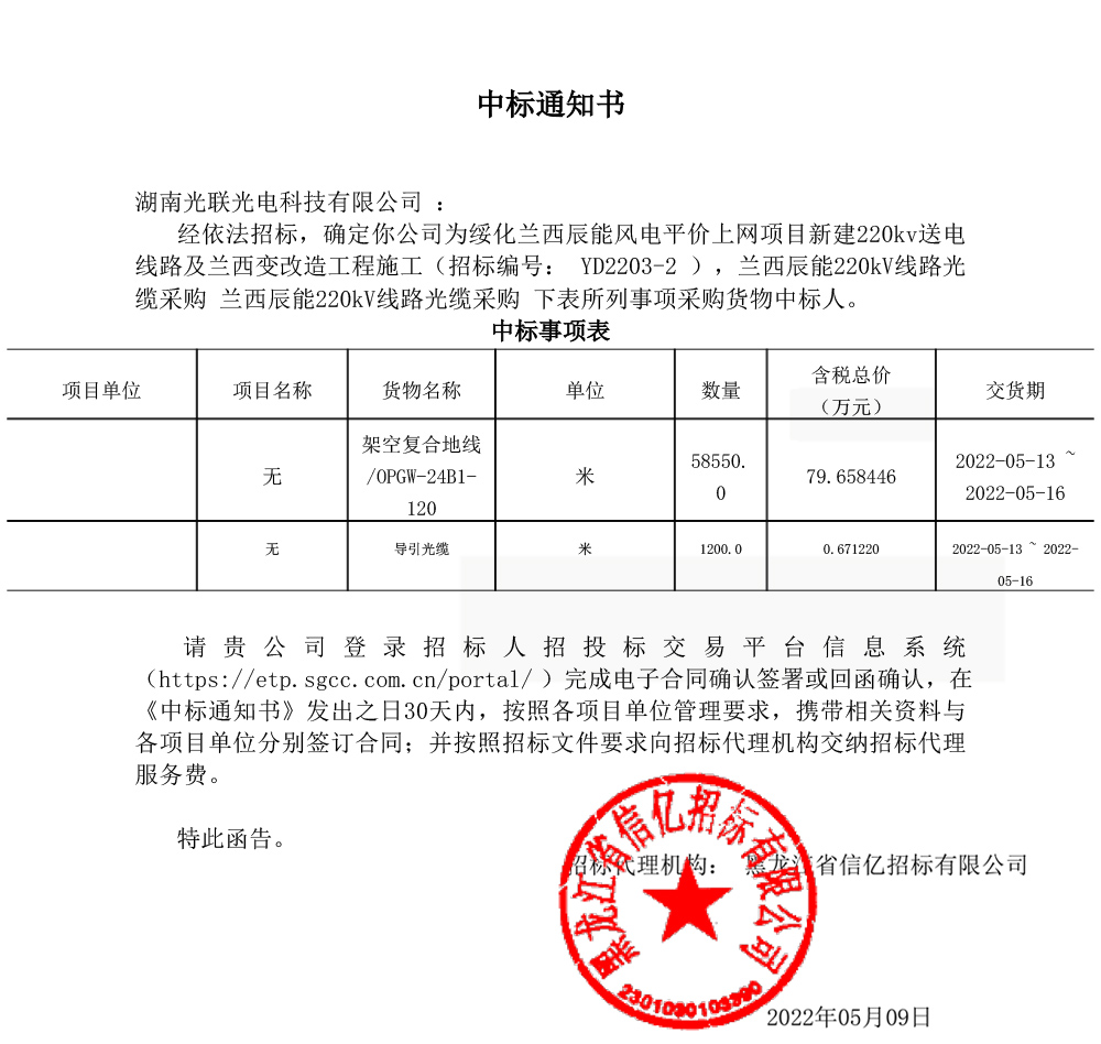 蘭西辰能風(fēng)電項(xiàng)目220KV送電線(xiàn)路OPGW光纜中標(biāo)通知